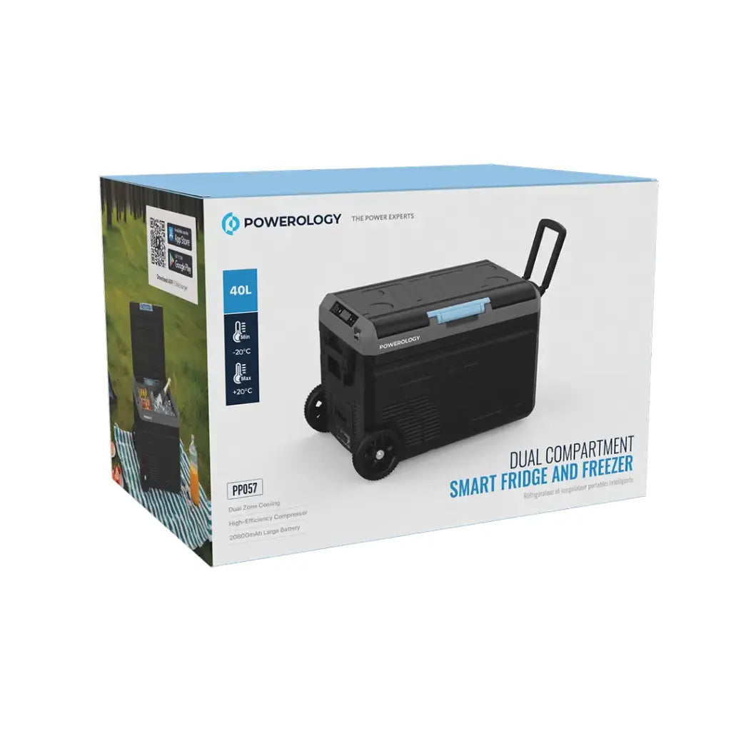 ثلاجة محمولة بسعة 40 لتر وبطارية 20800 مللي امبير من باورولوجي, مع حجرة مزدوجة وعجلات - رمادي | Powerology Portable Fridge 40L with Dual Compartment & Trolley Wheels – Gray