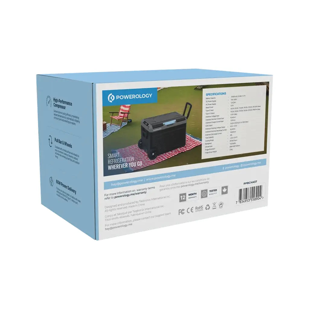 ثلاجة محمولة بسعة 40 لتر وبطارية 20800 مللي امبير من باورولوجي, مع حجرة مزدوجة وعجلات - رمادي | Powerology Portable Fridge 40L with Dual Compartment & Trolley Wheels – Gray