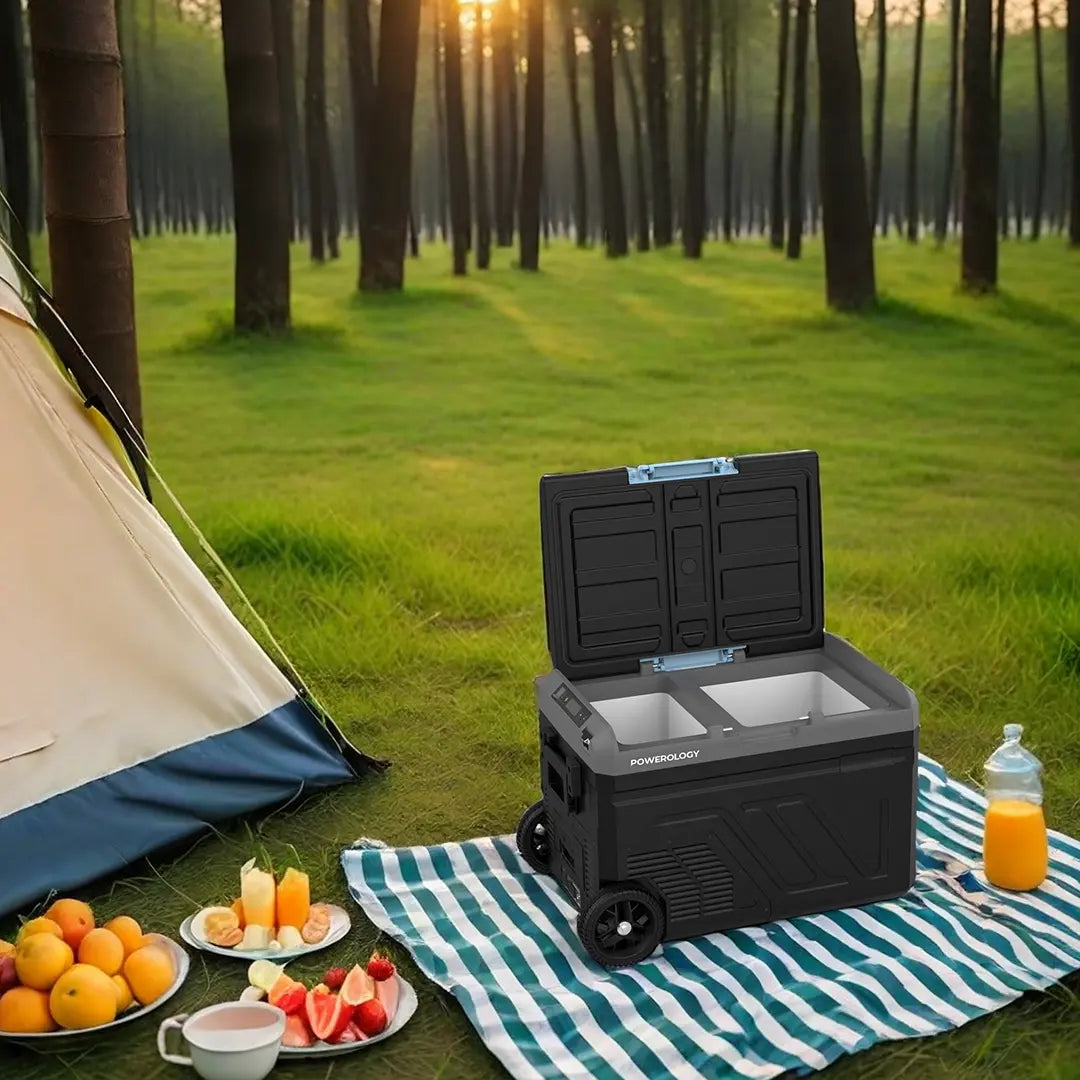 ثلاجة محمولة بسعة 40 لتر وبطارية 20800 مللي امبير من باورولوجي, مع حجرة مزدوجة وعجلات - رمادي | Powerology Portable Fridge 40L with Dual Compartment & Trolley Wheels – Gray