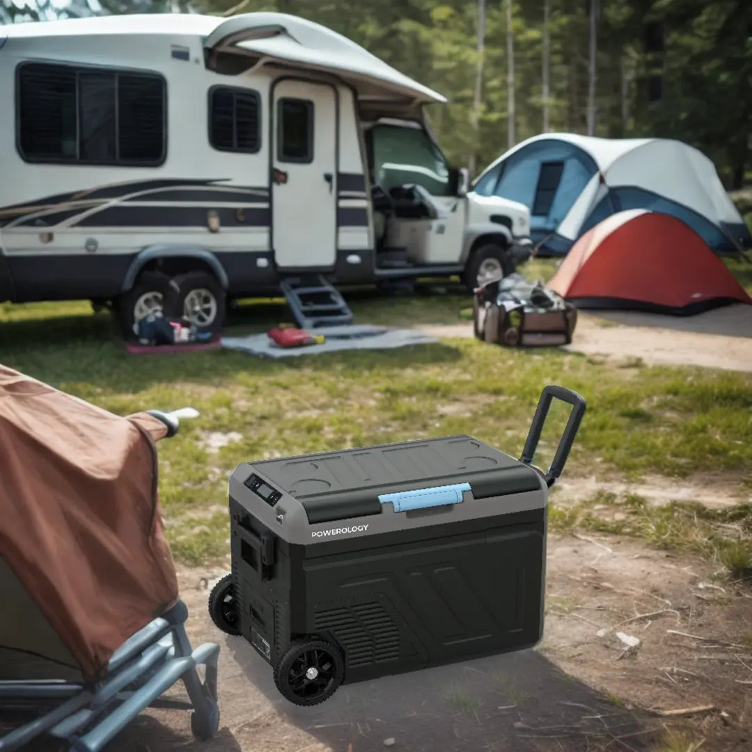 ثلاجة محمولة بسعة 40 لتر وبطارية 20800 مللي امبير من باورولوجي, مع حجرة مزدوجة وعجلات - رمادي | Powerology Portable Fridge 40L with Dual Compartment & Trolley Wheels – Gray