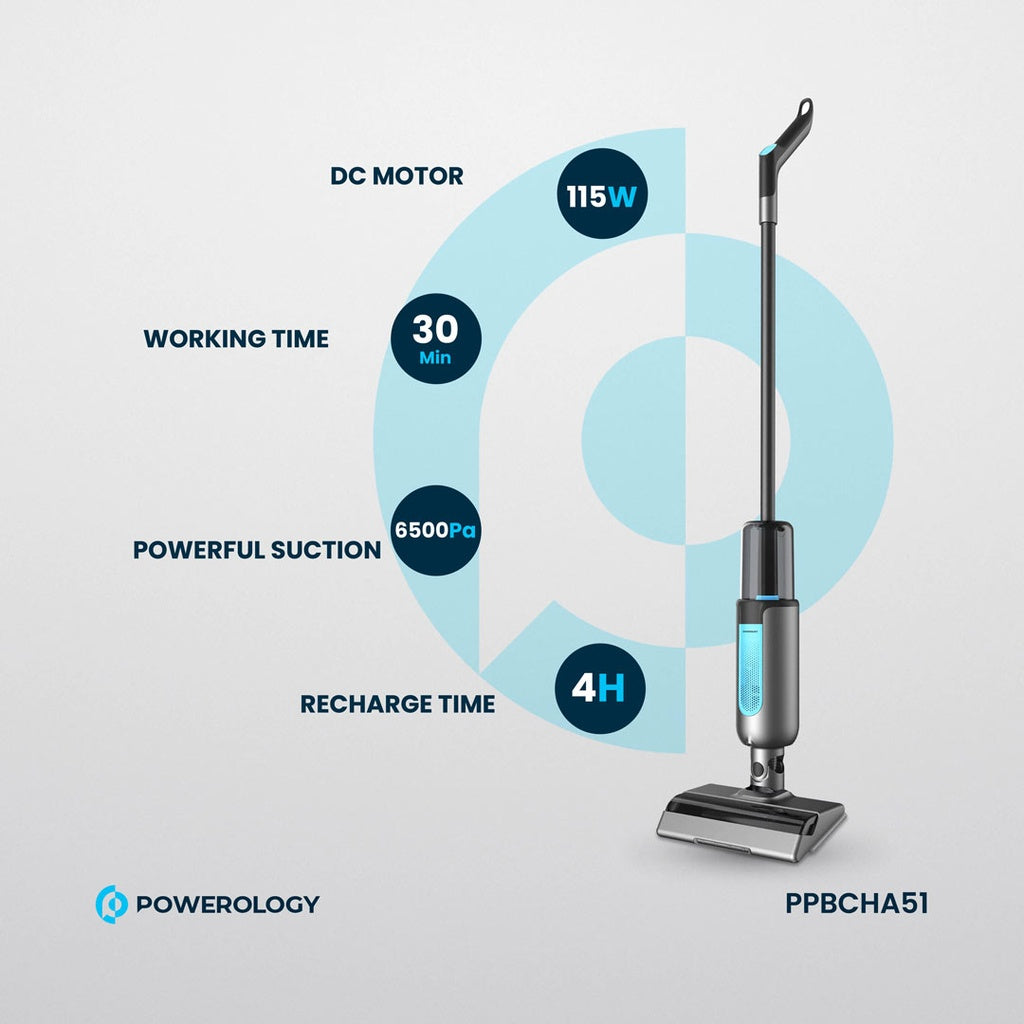 مكنسة باورولوجي اللاسلكية مع وظيفة المسح 2 في 1 - اسود | Powerology 2in1 Cordless Vacuum Cleaner with Mop - Black.