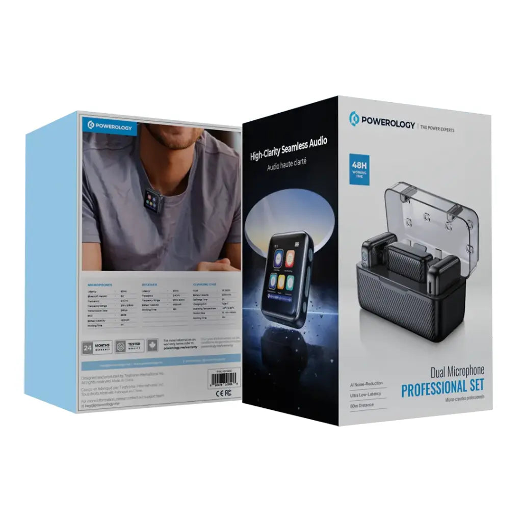 مايكروفون باورولوجي لافالير اللاسلكي, مزدوج بكليب وتقنية تقليل الضوضاء | Powerology Lavalier Dual Noise Reduction Microphone Set.