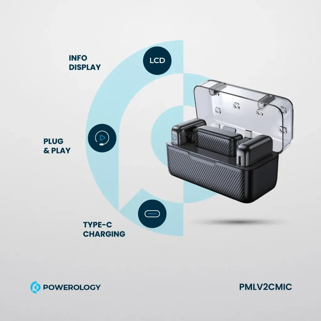 مايكروفون باورولوجي لافالير اللاسلكي, مزدوج بكليب وتقنية تقليل الضوضاء | Powerology Lavalier Dual Noise Reduction Microphone Set.