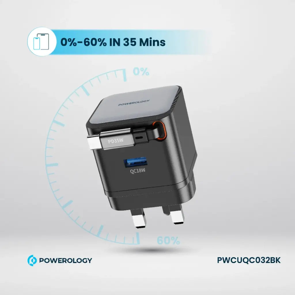 شاحن باورولوجي بقوة 35 واط مع كيبل تايب سي مدمج قابل للسحب, ومنفذ يو اس بي اي | Powerology GAN PD35W Dual-Port Charger with Retractable Cable.