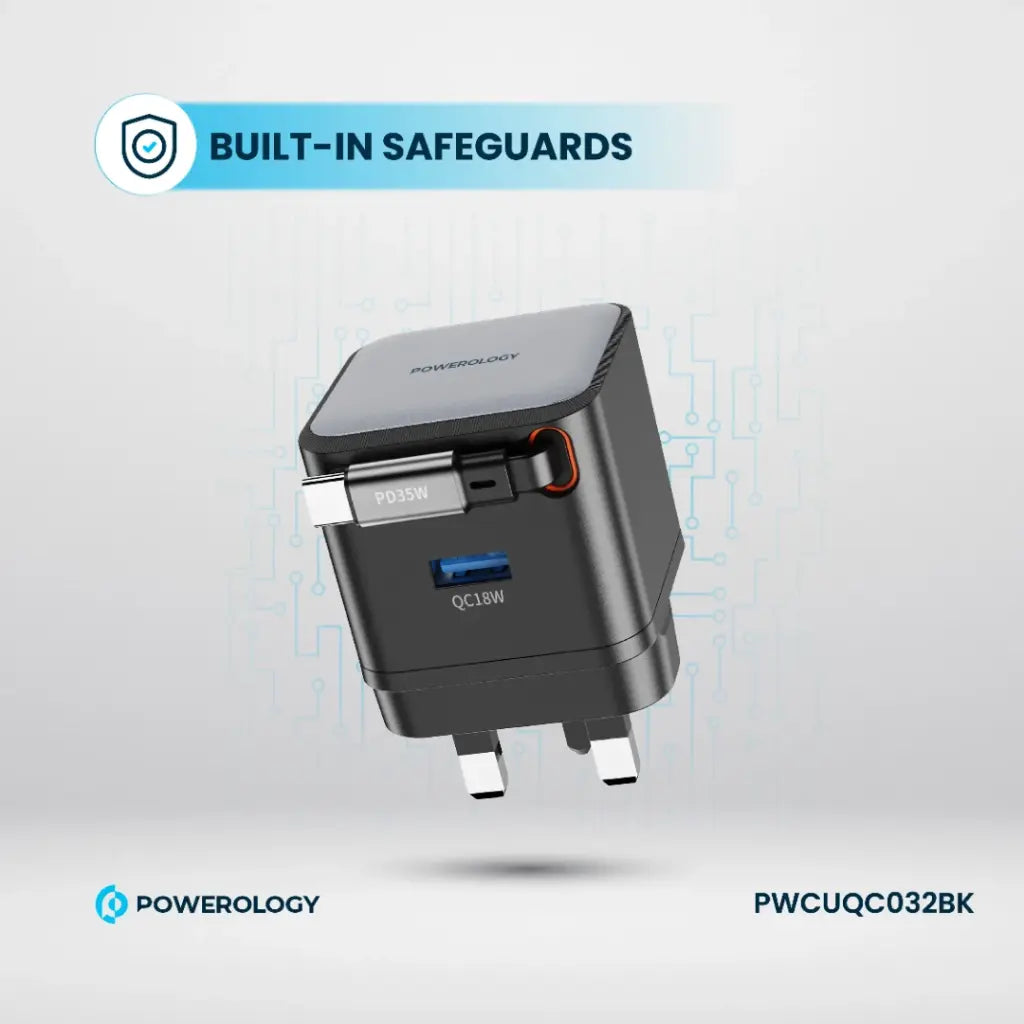 شاحن باورولوجي بقوة 35 واط مع كيبل تايب سي مدمج قابل للسحب, ومنفذ يو اس بي اي | Powerology GAN PD35W Dual-Port Charger with Retractable Cable.