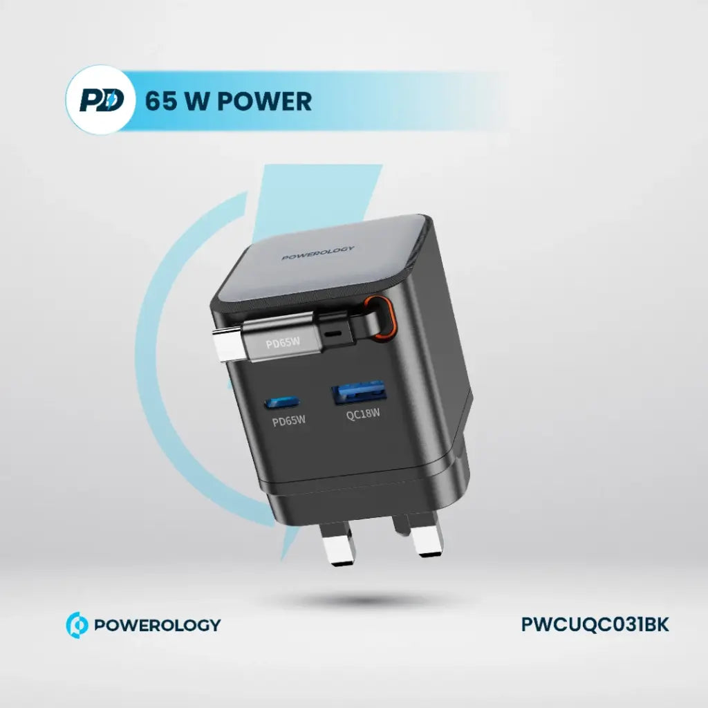 باورولوجي شاحن GaN بقوة 65 واط ثنائي المنفذ مع كيبل يو اس بي سي مدمج قابل للسحب - اسود | Powerology GaN PD65W Dual-Port Charger + Cable Charger with Retractable Cable – Black.