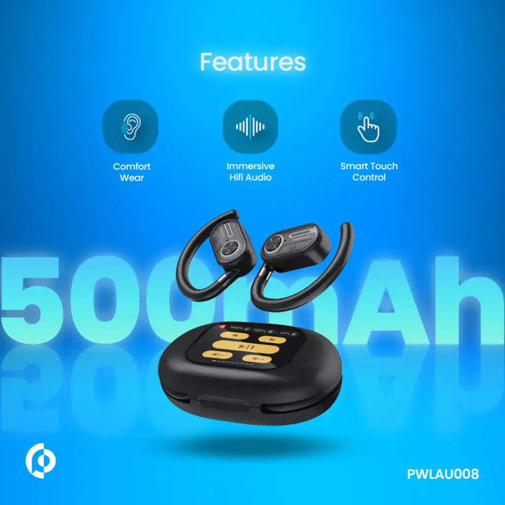 سماعات باورولوجي اللاسلكية بتقنية التوصيل الهوائي مع علبة شحن بشاشة عرض - اسود | Powerology ENC TWS Air Conduction Earbuds and Charging Case with Display 50mAh8 - Black.