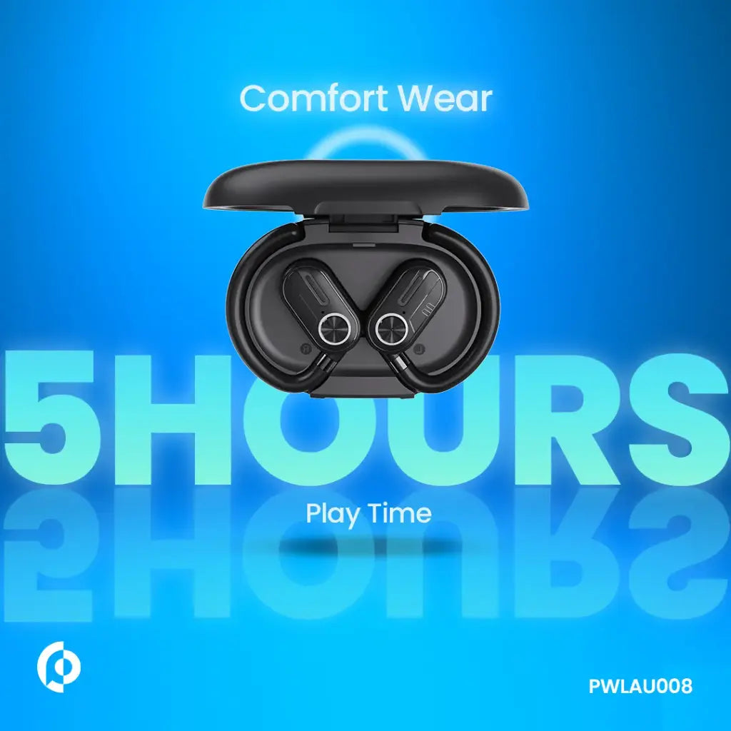 سماعات باورولوجي اللاسلكية بتقنية التوصيل الهوائي مع علبة شحن بشاشة عرض - اسود | Powerology ENC TWS Air Conduction Earbuds and Charging Case with Display 50mAh8 - Black.