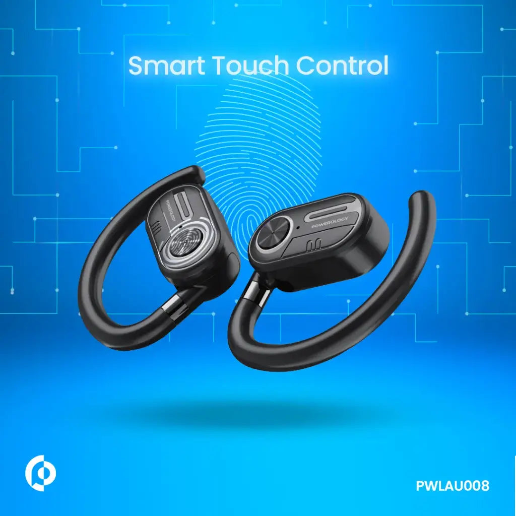 سماعات باورولوجي اللاسلكية بتقنية التوصيل الهوائي مع علبة شحن بشاشة عرض - اسود | Powerology ENC TWS Air Conduction Earbuds and Charging Case with Display 50mAh8 - Black.
