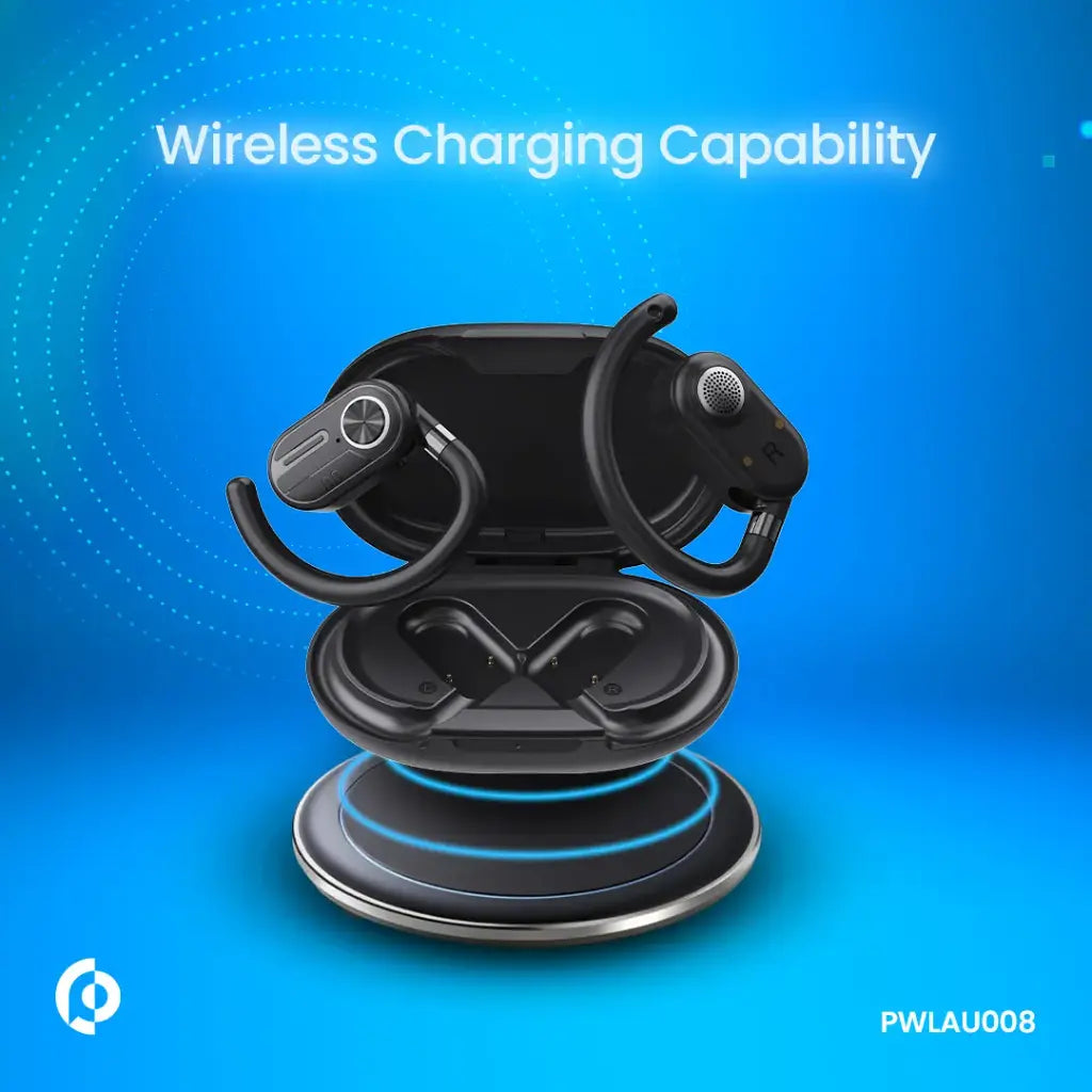 سماعات باورولوجي اللاسلكية بتقنية التوصيل الهوائي مع علبة شحن بشاشة عرض - اسود | Powerology ENC TWS Air Conduction Earbuds and Charging Case with Display 50mAh8 - Black.