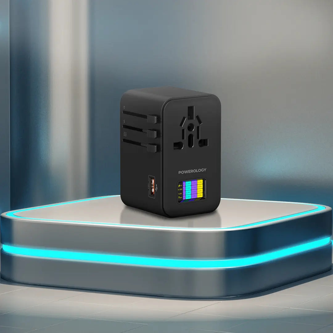 محول السفر باورولوجي GaN بقدرة شحن 75 واط و ب 3 منافذ تايب سي - اسود | Powerology PD75W×3 USB-C GaN Travel Adapter – Black