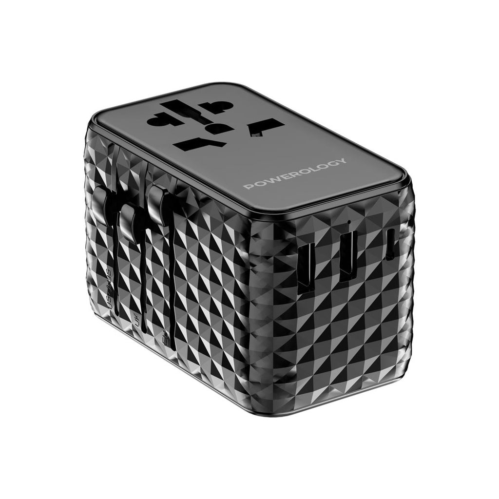 محول السفر الشامل من باورولوجي بمنفذ يو اس بي سي بقدرة 20 واط ومنفذين يو اس بي اي بقدرة 15 واط مع كيبل تايب سي مدمج | Powerology Universal Adapter PD 20W Type-C Port and 2xUSB-A 15W Port with Attached Cable.