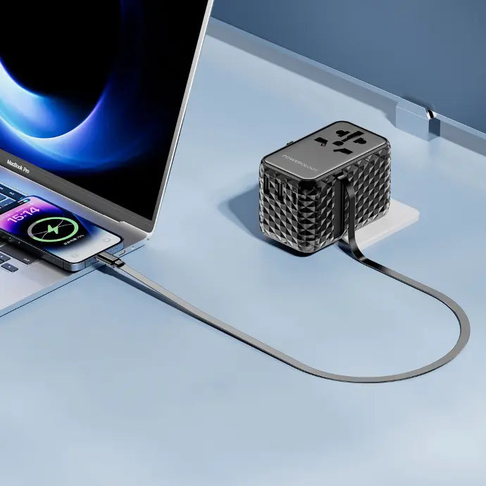 محول السفر الشامل من باورولوجي بمنفذ يو اس بي سي بقدرة 20 واط ومنفذين يو اس بي اي بقدرة 15 واط مع كيبل تايب سي مدمج | Powerology Universal Adapter PD 20W Type-C Port and 2xUSB-A 15W Port with Attached Cable.