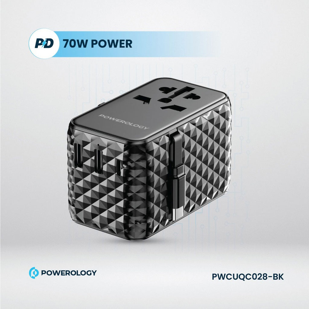 محول السفر الشامل من باورولوجي بمنفذ يو اس بي سي بقدرة 20 واط ومنفذين يو اس بي اي بقدرة 15 واط مع كيبل تايب سي مدمج | Powerology Universal Adapter PD 20W Type-C Port and 2xUSB-A 15W Port with Attached Cable.