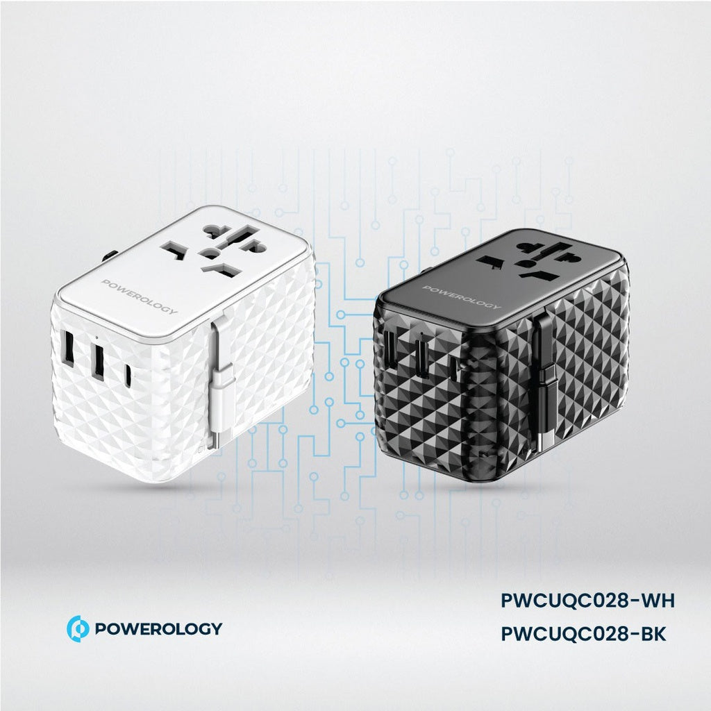 محول السفر الشامل من باورولوجي بمنفذ يو اس بي سي بقدرة 20 واط ومنفذين يو اس بي اي بقدرة 15 واط مع كيبل تايب سي مدمج | Powerology Universal Adapter PD 20W Type-C Port and 2xUSB-A 15W Port with Attached Cable.