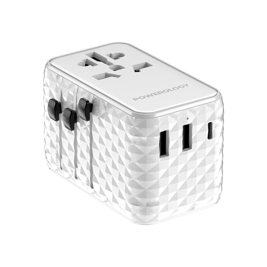 محول السفر الشامل من باورولوجي بمنفذ يو اس بي سي بقدرة 20 واط ومنفذين يو اس بي اي بقدرة 15 واط مع كيبل تايب سي مدمج | Powerology Universal Adapter PD 20W Type-C Port and 2xUSB-A 15W Port with Attached Cable.