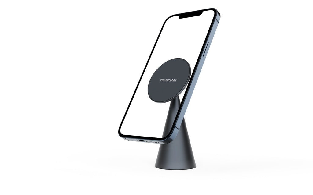 حامل هاتف مكتبي مغناطيسي من باورولوجي بتقنية ماج سيف - رمادي غامق | Powerology Desktop Conical Magsafe Phone Holder with 17*N5 Magnets - Dark Grey