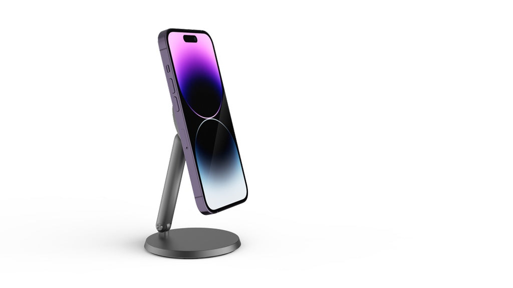 حامل للهاتف ماج سيف مغناطيسي مكتبي قابل للدوران 360 درجة من باورولوجي - رمادي | Powerology Rotatable Desktop MagSafe Phone Stand with 17*N52 Magnets – Dark Grey.