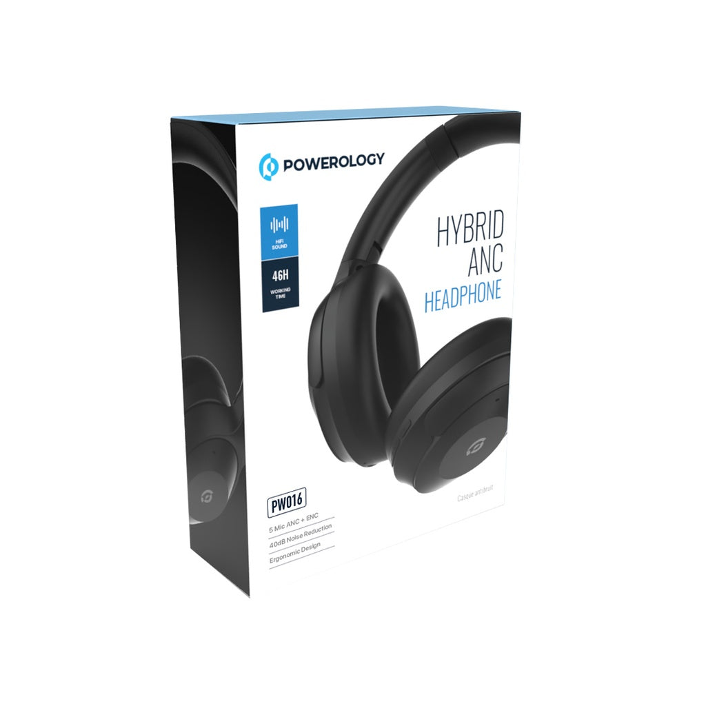 سماعة باورولوجي Hybrid ANC اللاسلكية بتشغيل حتى 46 ساعة | Powerology Hybrid ANC Headphones – Up to 46H Playtime.
