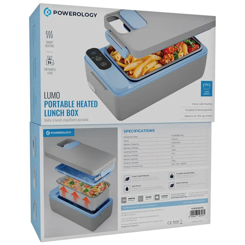 حافظة غذاء محمولة بخاصية التسخين من باورولوجي لومو - رمادي | Powerology Lumo Portable Heated Lunch Box - Gray