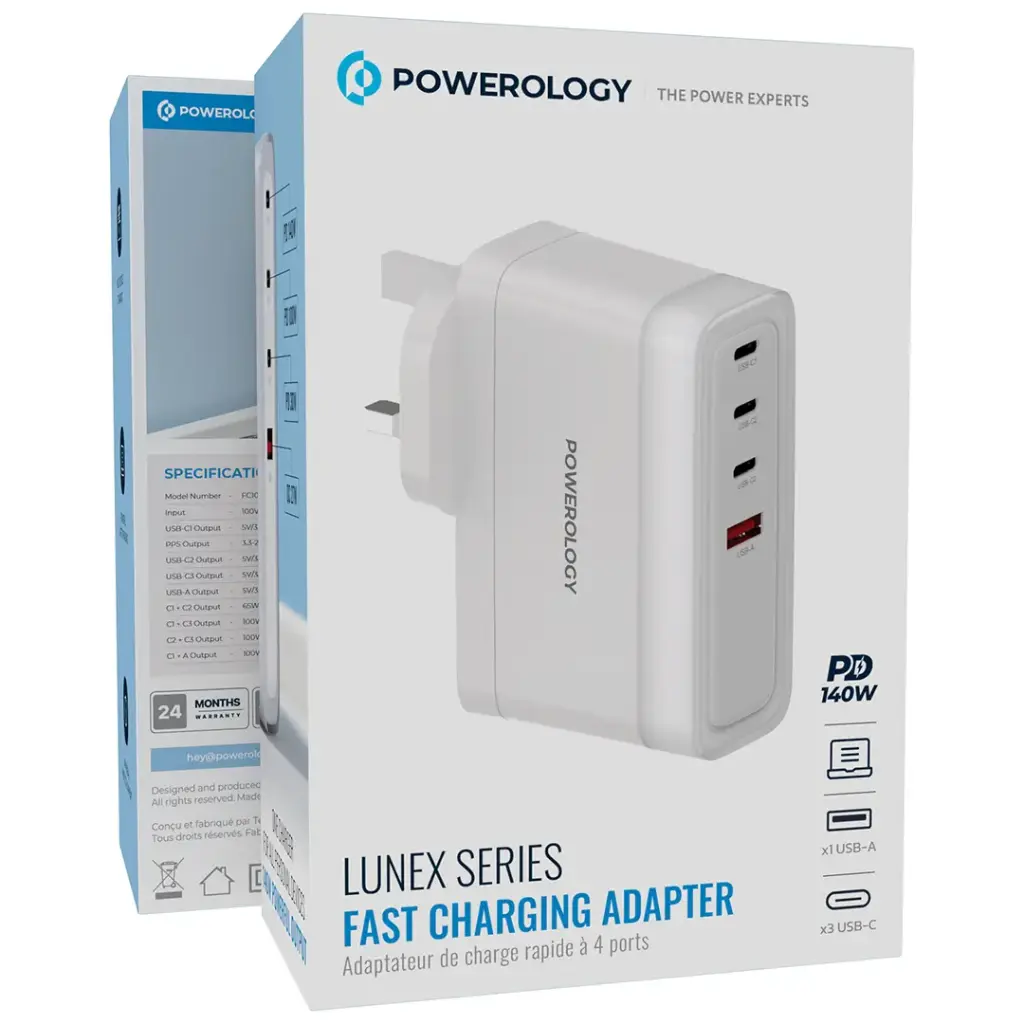 شاحن باورولوجي ب 4 منافذ للشحن مع شحن سريع بقدرة 140 واط - ابيض | Powerology 4-Port Fast Charging Adapter, 140W PD – White