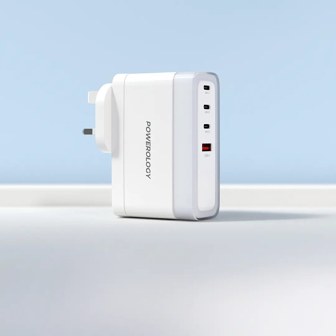 شاحن باورولوجي ب 4 منافذ للشحن مع شحن سريع بقدرة 140 واط - ابيض | Powerology 4-Port Fast Charging Adapter, 140W PD – White