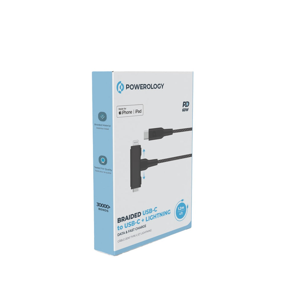 كيبل باورولوجي مضفر 2 في 1, يو اس بي سي الى يو اس بي سي و لايتننغ بطول 1.2 متر, شحن سريع 60 واط | Powerology PD60W Braided USB-C to USB-C + Lightning Cable – 1.2M.