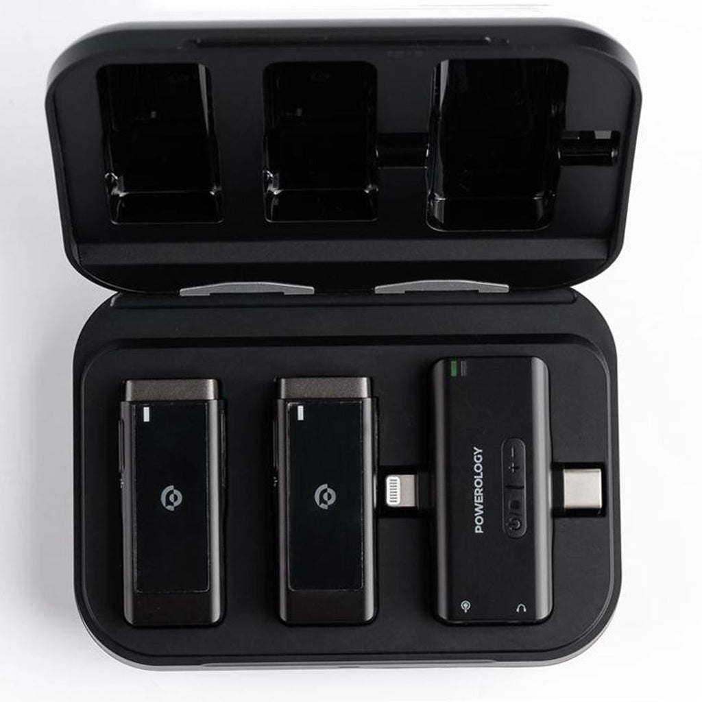 مايكروفون لافالير اللاسلكي من باورولوجي, مزدوج بموصل MFI وبطارية بسعة 2000 مللي امبير - اسود | Powerology MFI Dual Connector Wireless Lavalier Microphone x2 Mic 2000mAh - Black