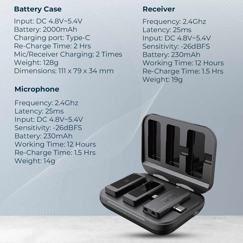 مايكروفون لافالير اللاسلكي من باورولوجي, مزدوج بموصل MFI وبطارية بسعة 2000 مللي امبير - اسود | Powerology MFI Dual Connector Wireless Lavalier Microphone x2 Mic 2000mAh - Black