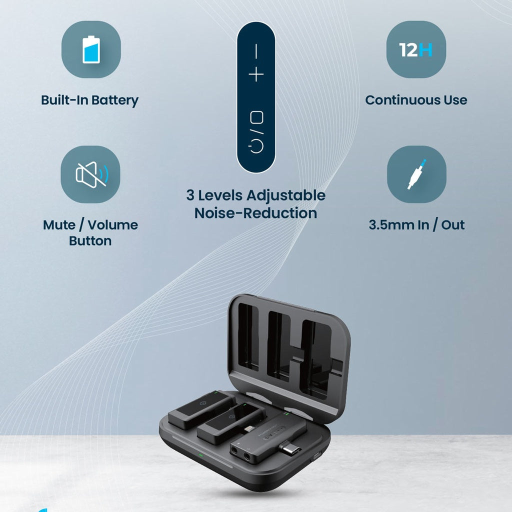 مايكروفون لافالير اللاسلكي من باورولوجي, مزدوج بموصل MFI وبطارية بسعة 2000 مللي امبير - اسود | Powerology MFI Dual Connector Wireless Lavalier Microphone x2 Mic 2000mAh - Black