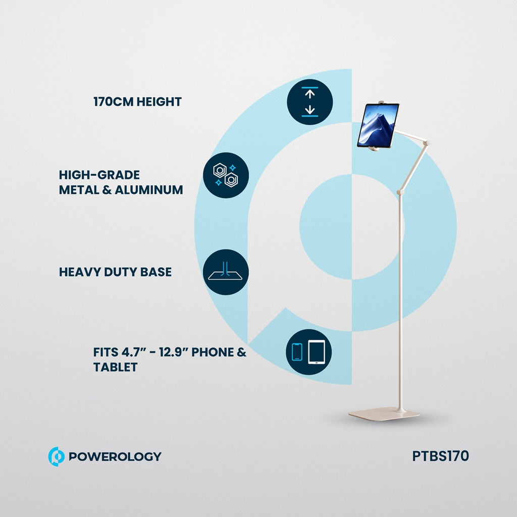 حامل للاجهزة اللوحية من باورولوجي, قابل للتعديل والدوران بارتفاع 170 سم مع قاعدة معدنية - ابيض | Powerology Adjustable And Rotatable Tablet Stand 170cm with Metal Base – White.