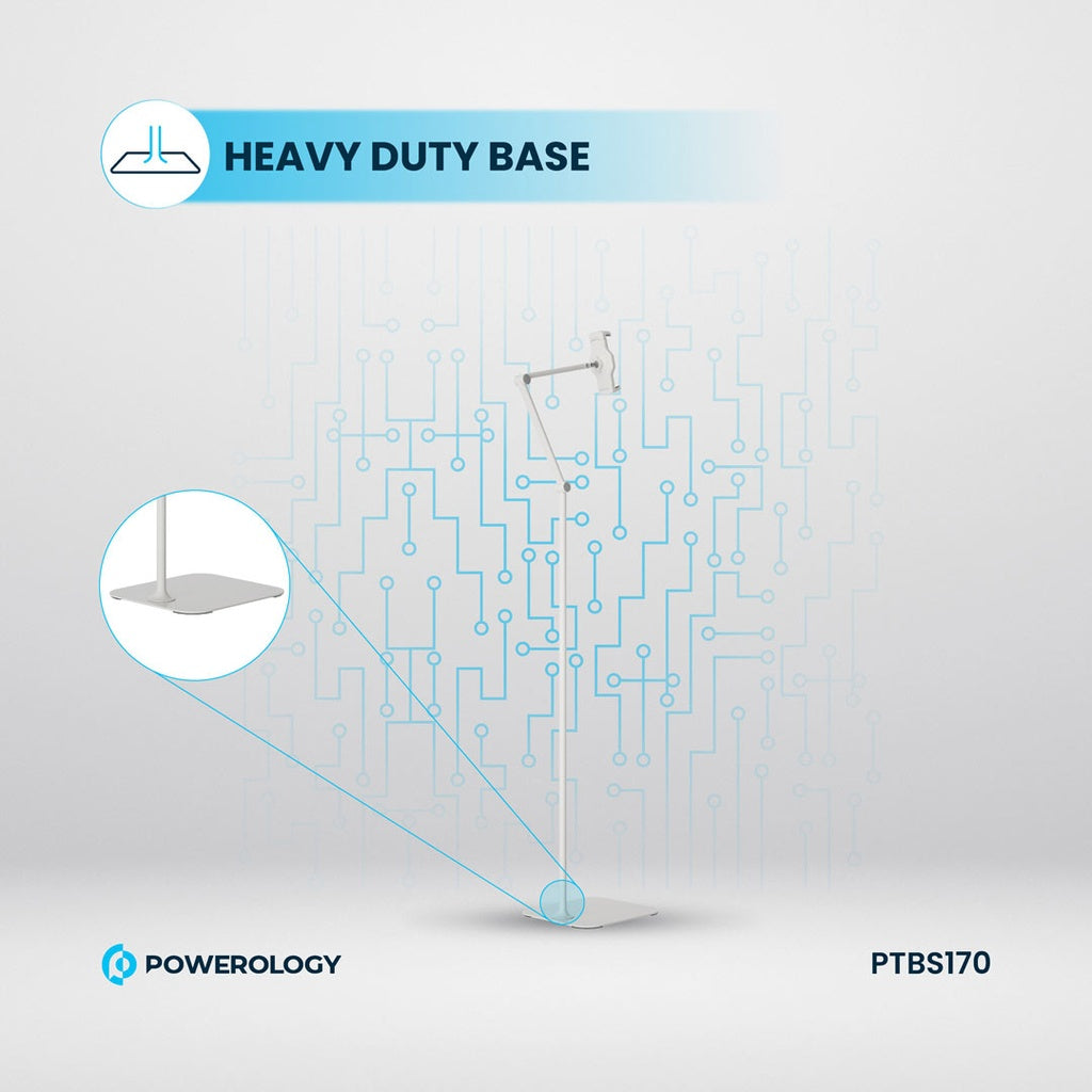 حامل للاجهزة اللوحية من باورولوجي, قابل للتعديل والدوران بارتفاع 170 سم مع قاعدة معدنية - ابيض | Powerology Adjustable And Rotatable Tablet Stand 170cm with Metal Base – White.