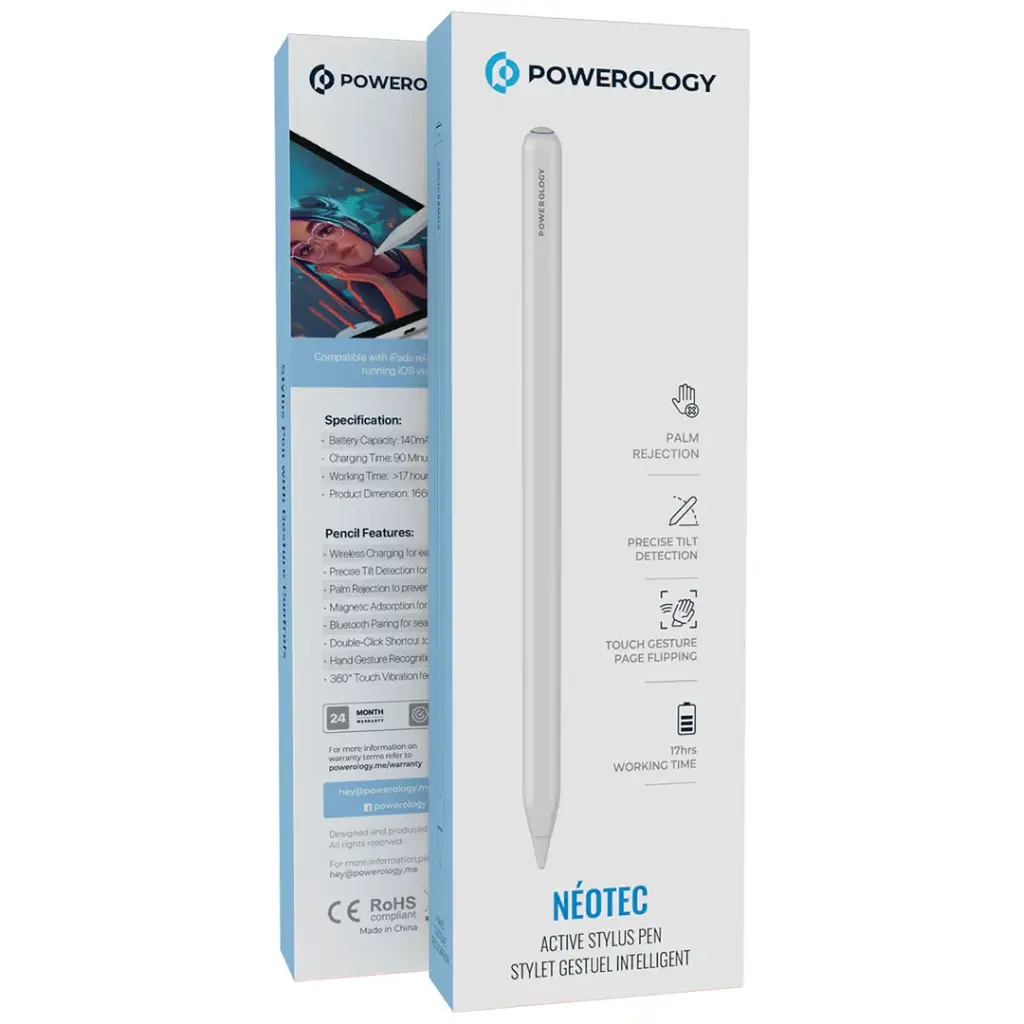 قلم باورولوجي نيوتيك الذكي للاجهزة اللوحية - ابيض | Powerology Neotec Active Stylus Pen Stylet Gestuel Intelligent - White