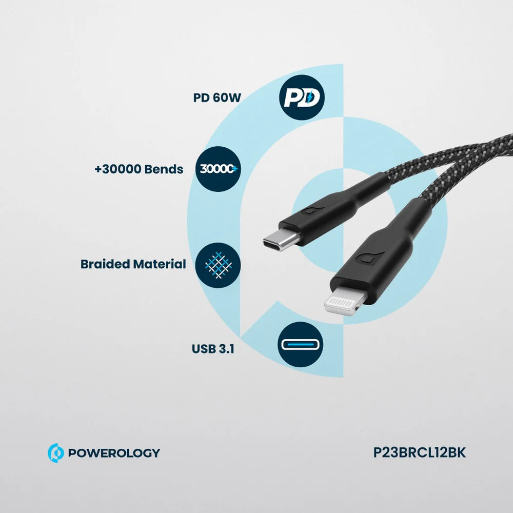 Powerology Braided PD 60W Type-C to Lightning Cable 1.2M - كيبل سريع الشحن بقوة 60واط وطول 1.2متر من تايب سي الى لايتننغ من باورلوجي