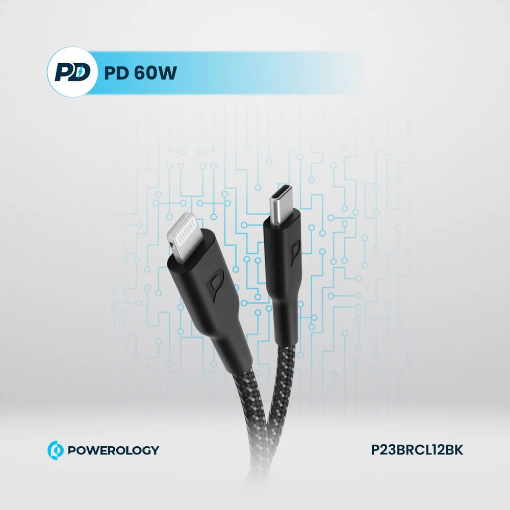 Powerology Braided PD 60W Type-C to Lightning Cable 1.2M - كيبل سريع الشحن بقوة 60واط وطول 1.2متر من تايب سي الى لايتننغ من باورلوجي