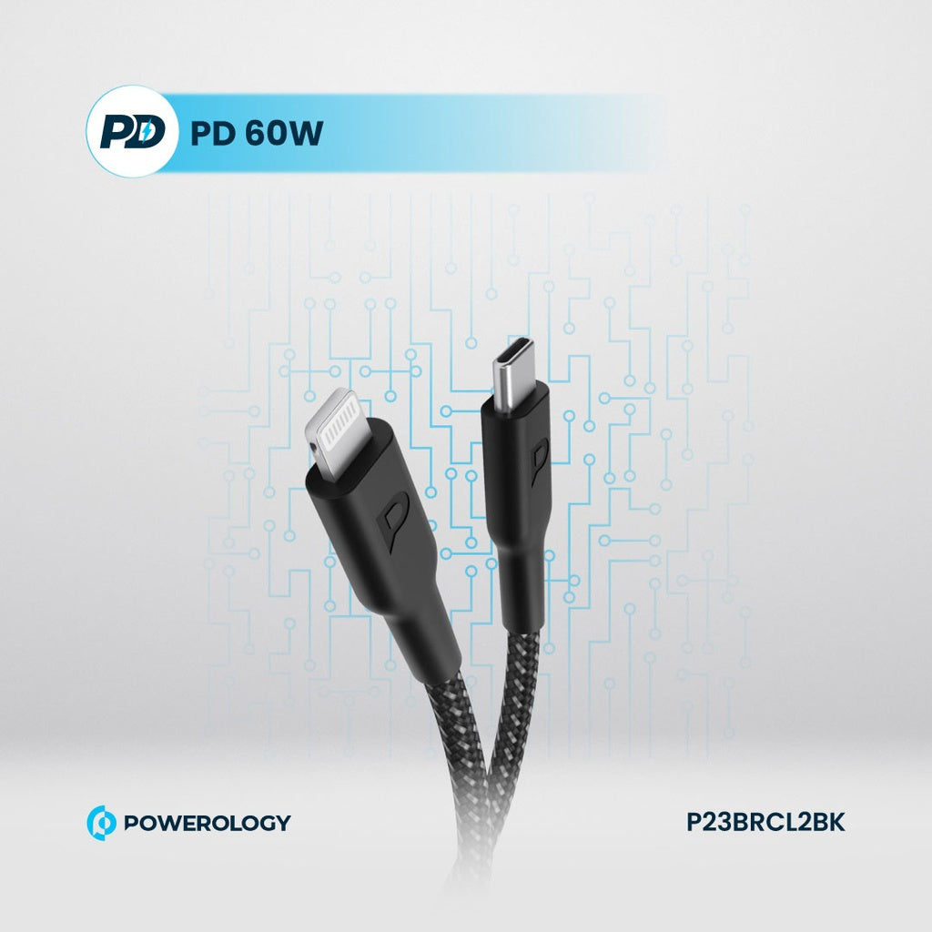 كيبل باورولوجي مضفر يو اس بي سي الى لايتننغ بطول 2 متر, شحن سريع 60 واط | Powerology New Braided Type-C to Lightning Cable 2M PD 60W.