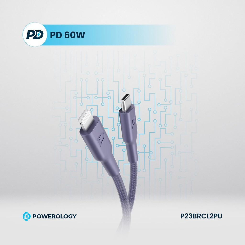 كيبل باورولوجي مضفر يو اس بي سي الى لايتننغ بطول 2 متر, شحن سريع 60 واط | Powerology New Braided Type-C to Lightning Cable 2M PD 60W.