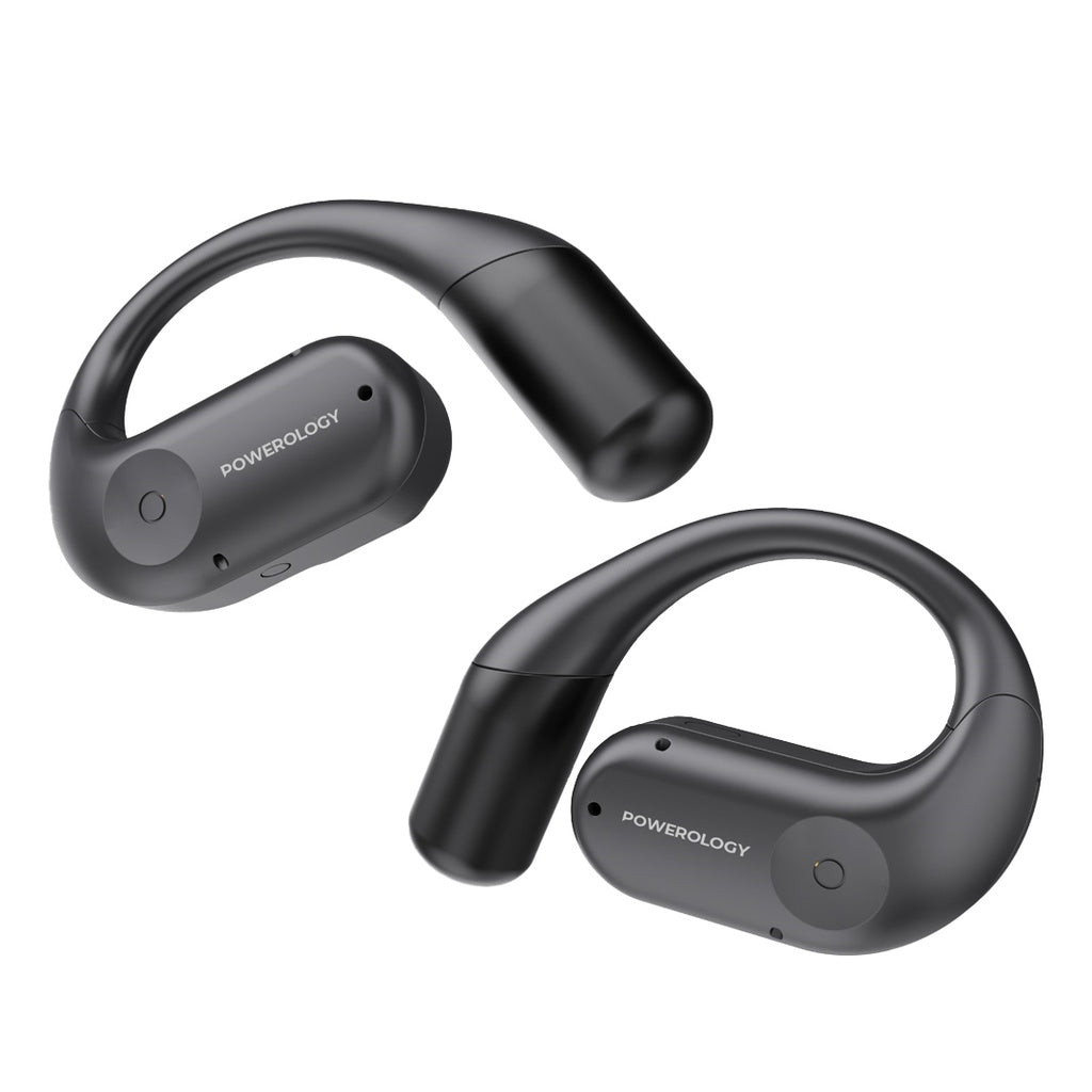 باورولوجي سماعات اذن TWS بتقنية التوصيل الهوائي مع علبة شحن وشاشة عرض - اسود | Powerology Air Conduction ENC TWS Earbuds and Charging Case with Display – Black.