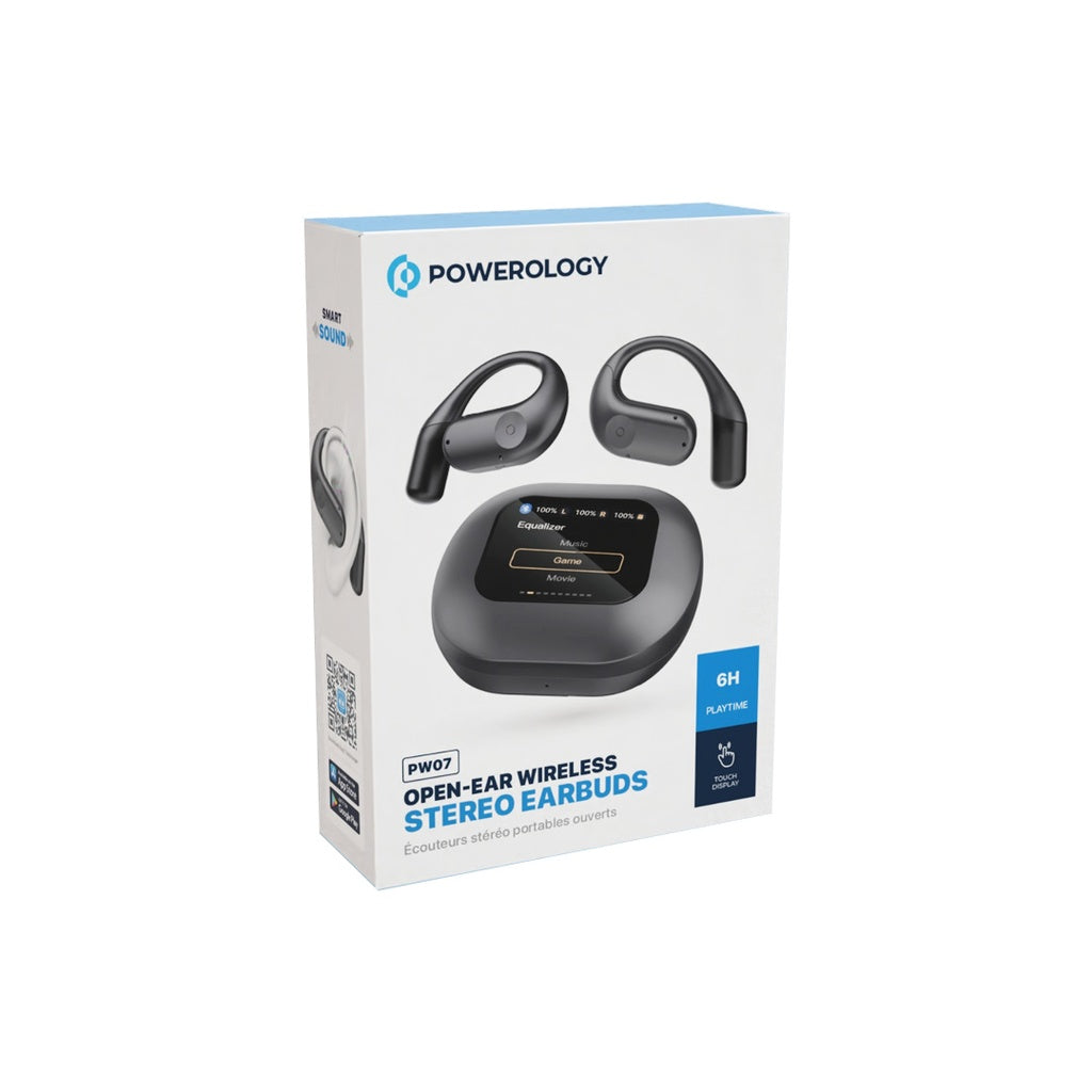 باورولوجي سماعات اذن TWS بتقنية التوصيل الهوائي مع علبة شحن وشاشة عرض - اسود | Powerology Air Conduction ENC TWS Earbuds and Charging Case with Display – Black.