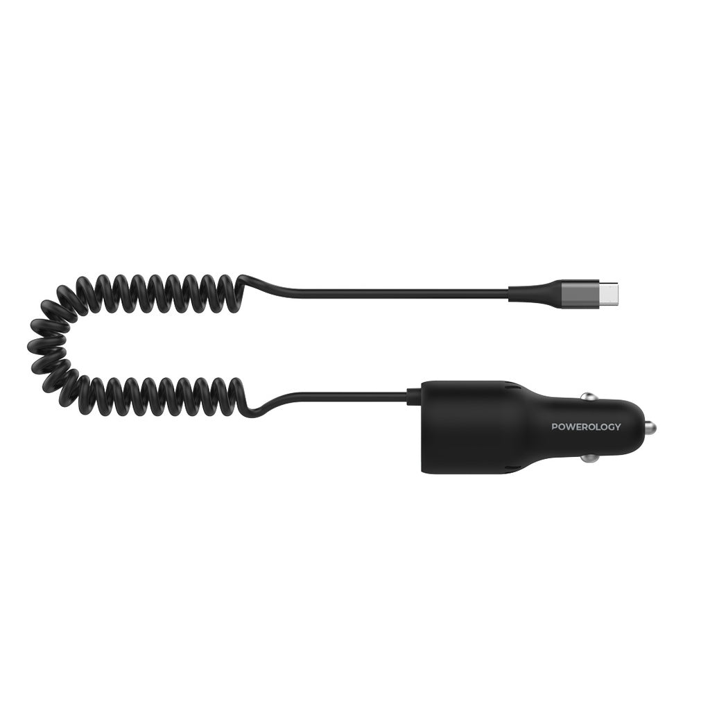 شاحن سيارة باورولوجي بمنفذ يو اس بي اي بقدرة 18 واط و يو اس بي سي بقدرة 45 واط مع كيبل تايب سي مدمج - اسود | Powerology PD45W + QC18W Dual Ports Car Charger with 35W Type-C Coiled Cable.