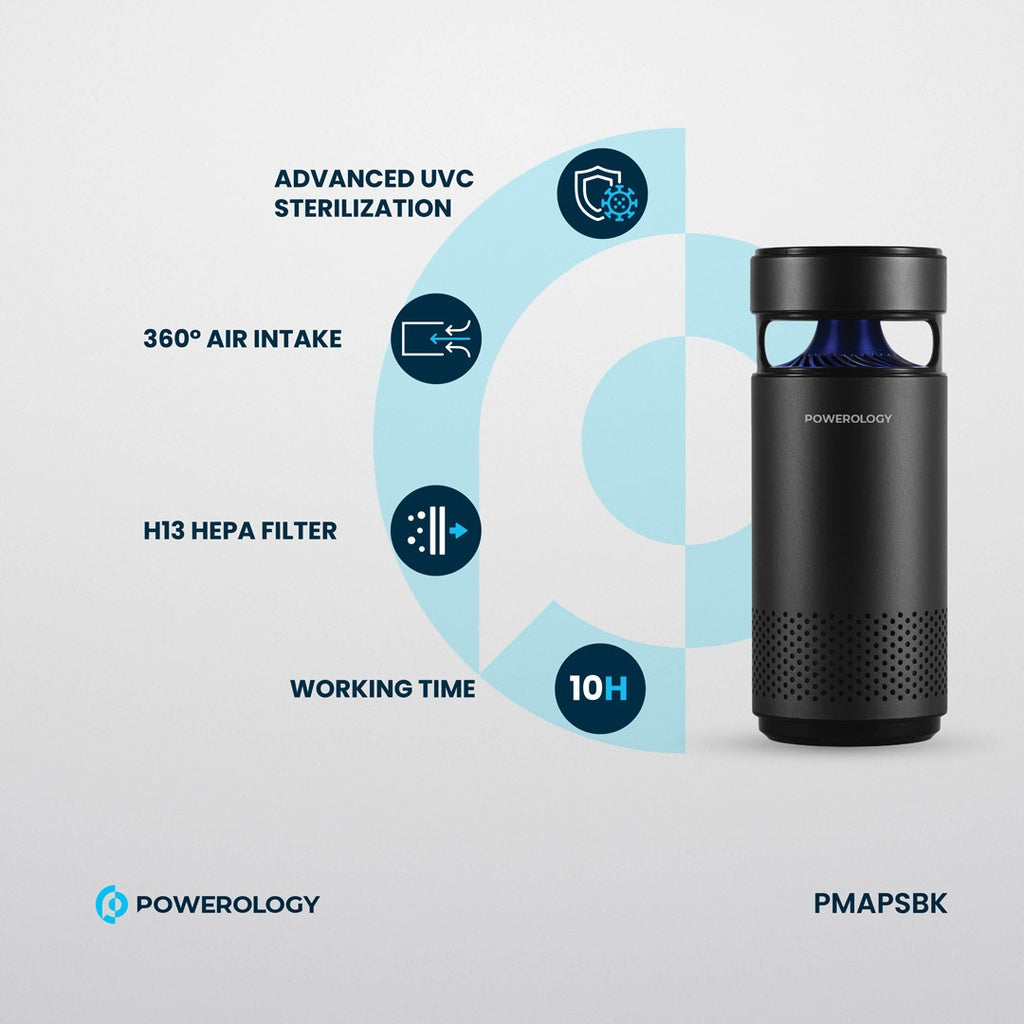 جهاز تنقية الهواء المحمول من باورولوجي مع تقنية التعقيم بالاشعة - اسود | Powerology Portable Mini Air Purifier with UVC LED Sterilization - Black