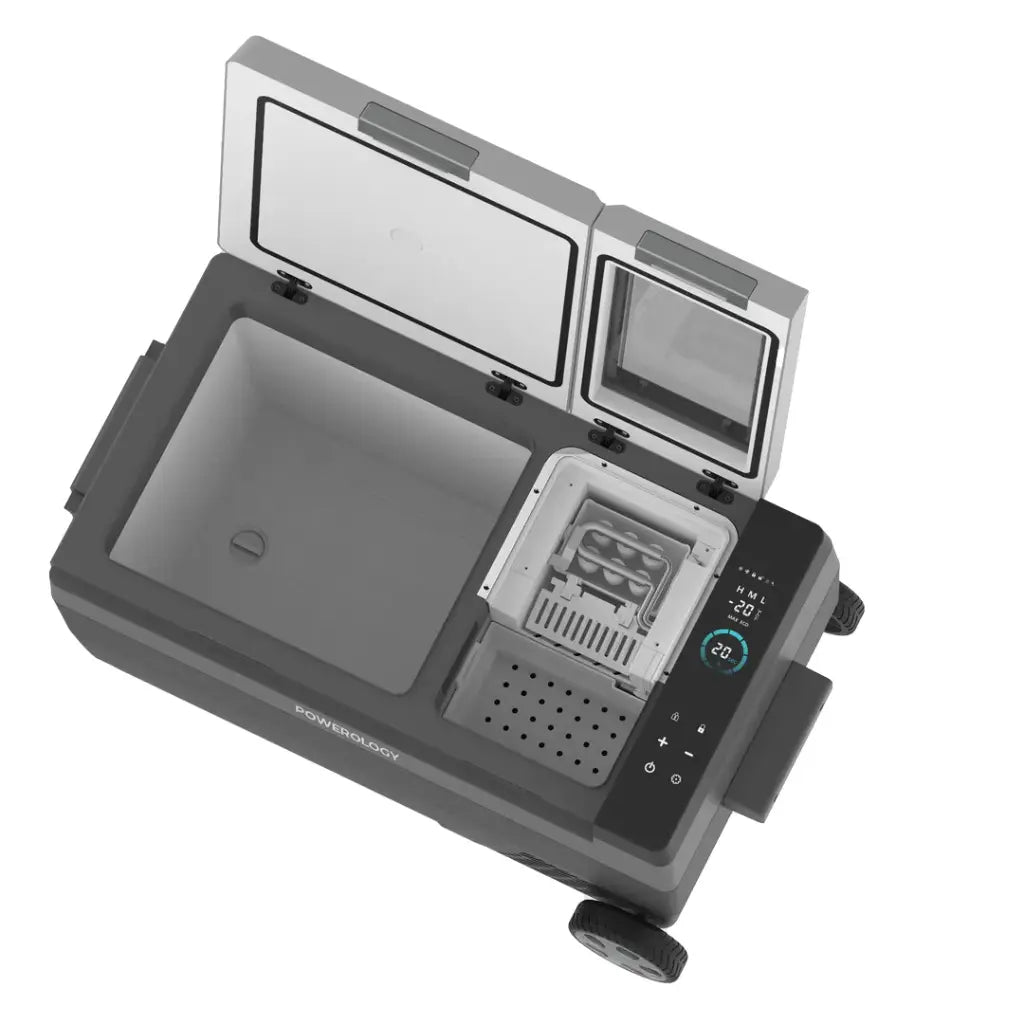 ثلاجة محمولة بعجلات بقدرة 90 واط من باورولوجي مع صانعة ثلج - اسود | Powerology 90W Portable Refrigerator with Ice Maker & Wheels – Black