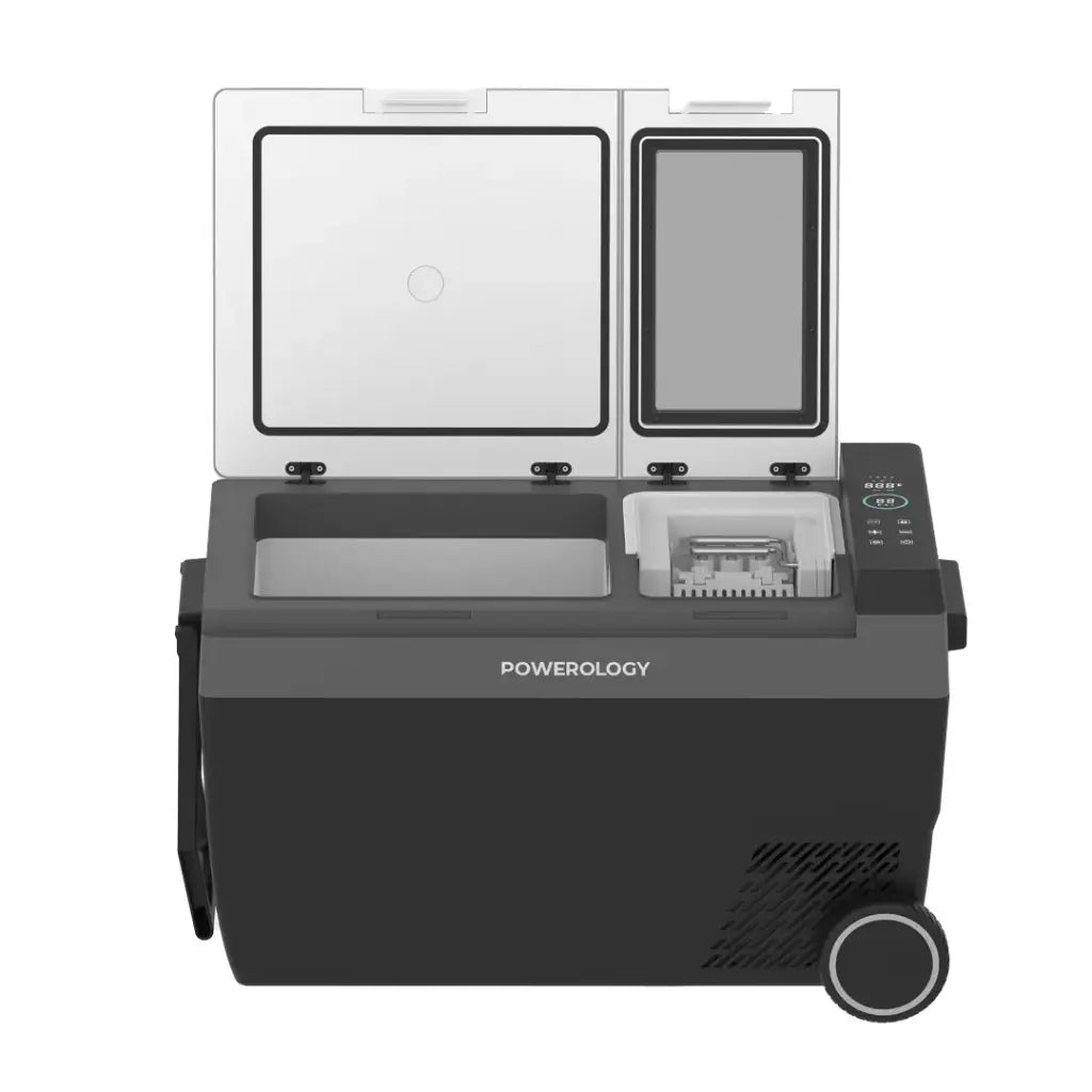 ثلاجة محمولة بعجلات بقدرة 90 واط من باورولوجي مع صانعة ثلج - اسود | Powerology 90W Portable Refrigerator with Ice Maker & Wheels – Black