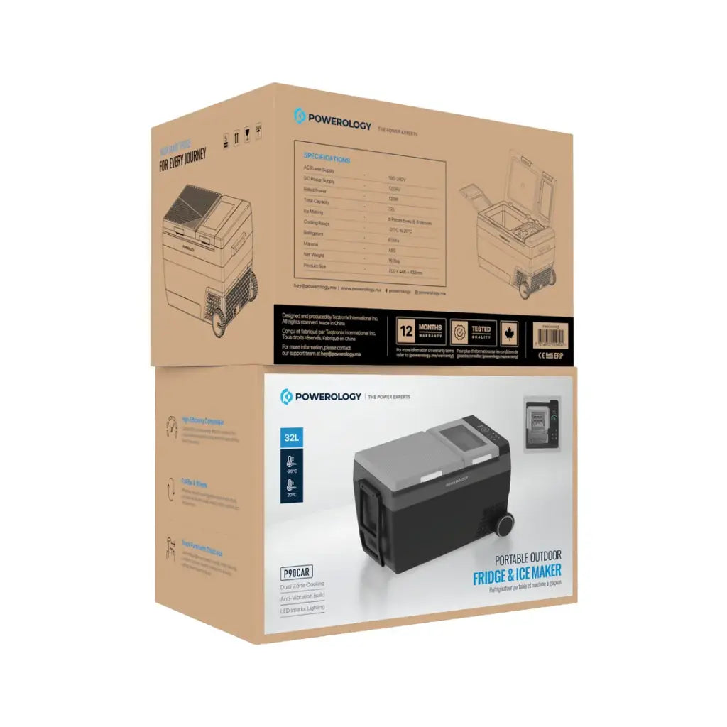 ثلاجة محمولة بعجلات بقدرة 90 واط من باورولوجي مع صانعة ثلج - اسود | Powerology 90W Portable Refrigerator with Ice Maker & Wheels – Black