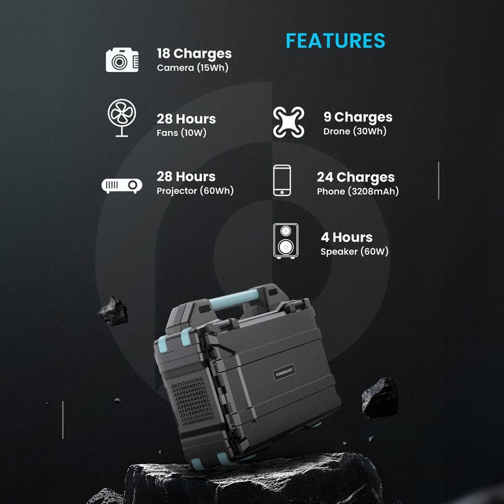 مولد طاقة محمول بالطاقة الشمسية بسعة 284 واط/ساعة وقدرة 400 واط من باورولوجي, مع شحن سريع - اسود | Powerology 284Wh Portable Solar Power Generator 400W QC Fast Charging – Black.