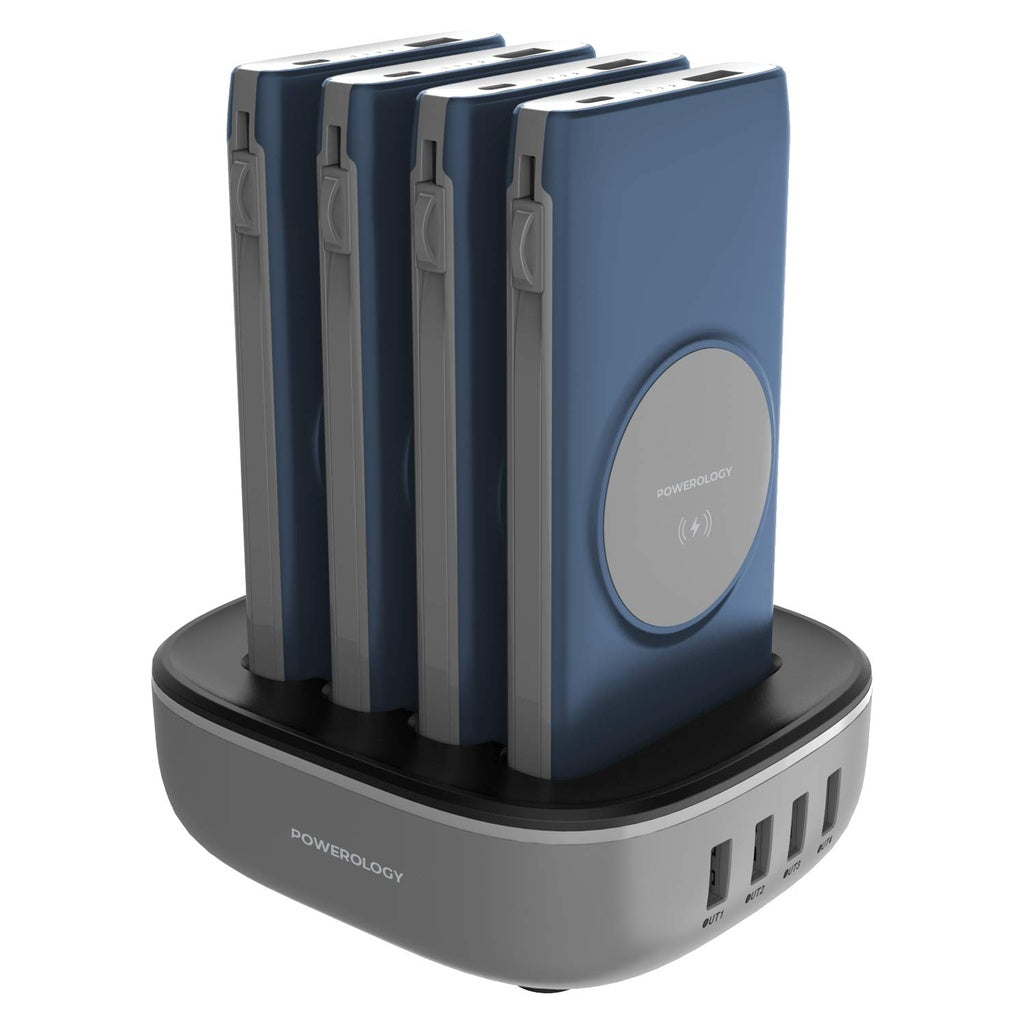 باورولوجي محطة باور بانك لاسلكية 4 في 1 بسعة 10000 مللي امبير مع كيبل مدمج لايتننغ وتايب سي | Powerology 4 in 1 Wireless Power Bank Station 10000mAh with Built-in Cable with Lightning and Type-C.