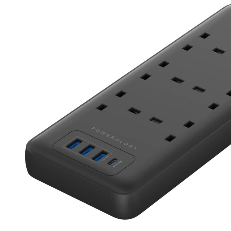 وصلة كهربائية ذكية من باورولوجي ب 6 منافذ AC ومنافذ يو اس بي, كيبل بطول 3 متر - اسود | Powerology 6 AC 3 USB & USB-C PD 30W Multiport Smart Power Extension 3250W 13A 3M - Black