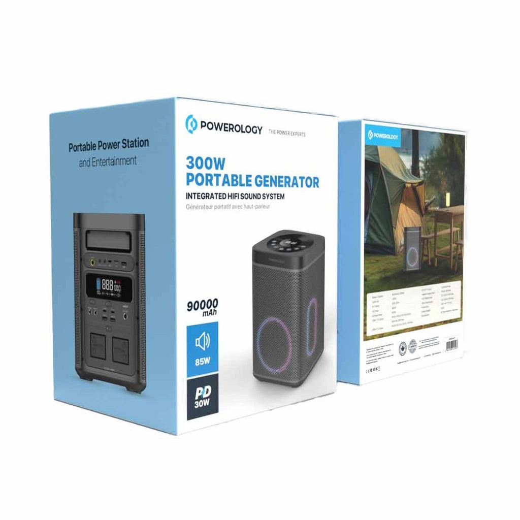 مولد طاقة محمول 90000 مللي امبير بقدرة 300 واط من باورولوجي, مع سماعة بلوتوث 85 واط - اسود | Powerology Portable Power Generator 90000mAh 300W PD30W with Bluetooth Speaker 85W – Black