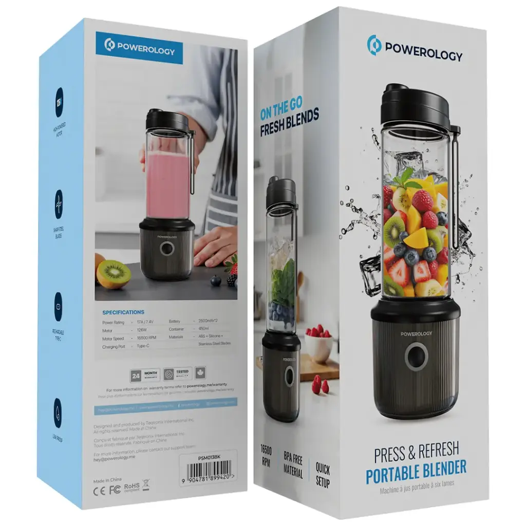 خلاط محمول باورولوجي بسعة 450 مل وبطارية 5000mAh, و 6 شفرات - اسود | Powerology Portable Blender 450ml 5000mAh 6 Blades – Black.