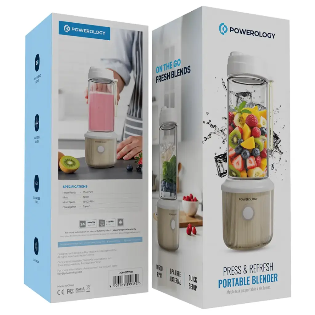 خلاط محمول باورولوجي بسعة 450 مل وبطارية 5000mAh, و 6 شفرات - اسود | Powerology Portable Blender 450ml 5000mAh 6 Blades – Black.